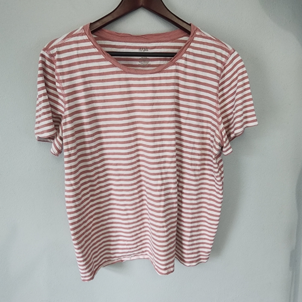 ANA A New Approach Pink And White Striped Crew Neck 100% Cotton Tshirt XL